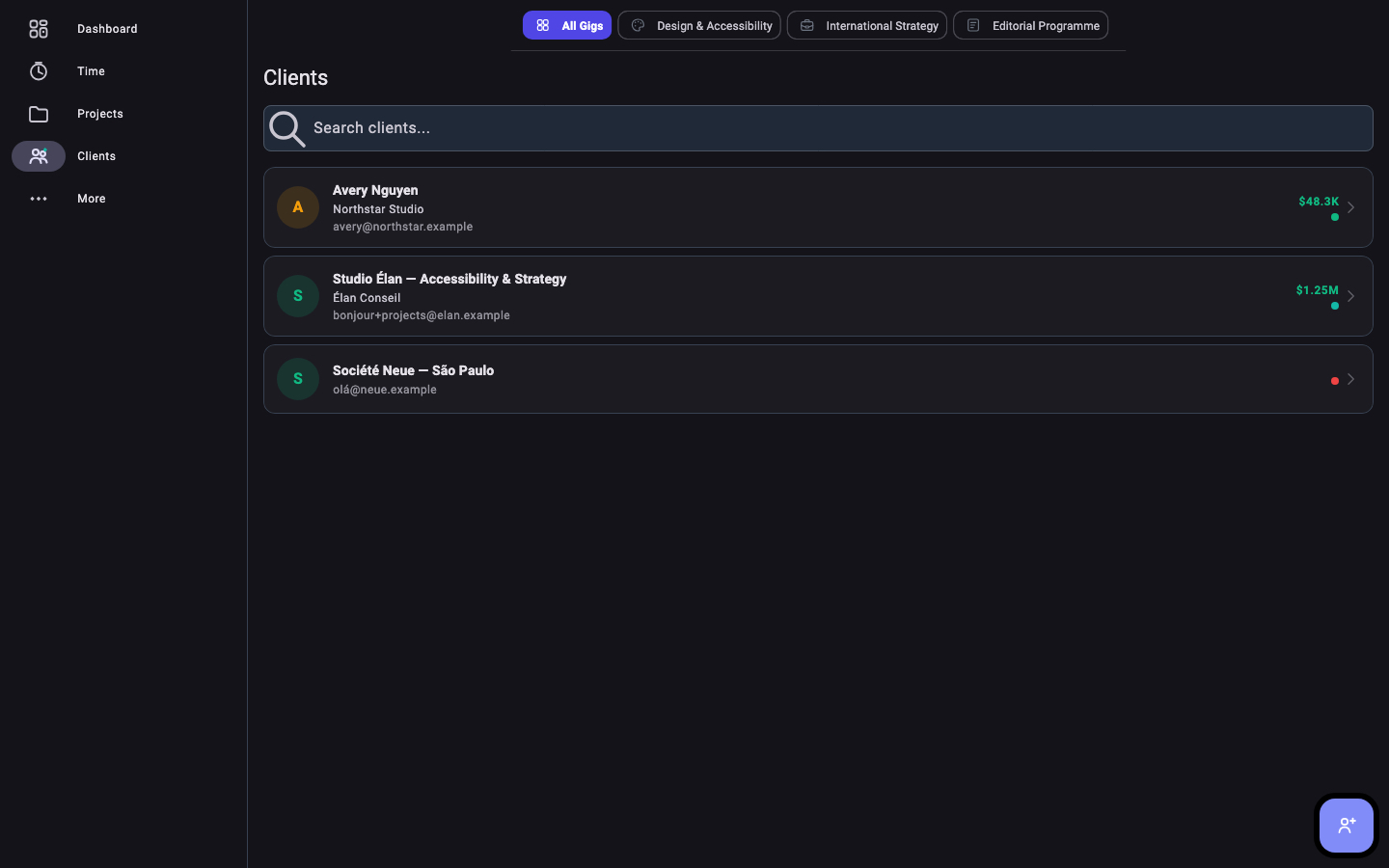 SideAce client workspace with search, gig filters, and client records