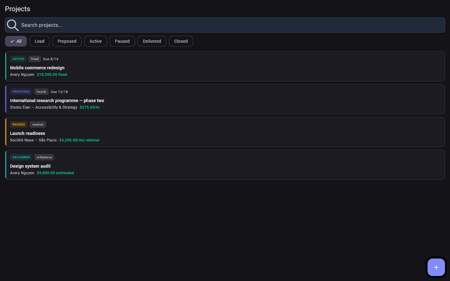 SideAce project pipeline with project status, billing model, dates, client and value